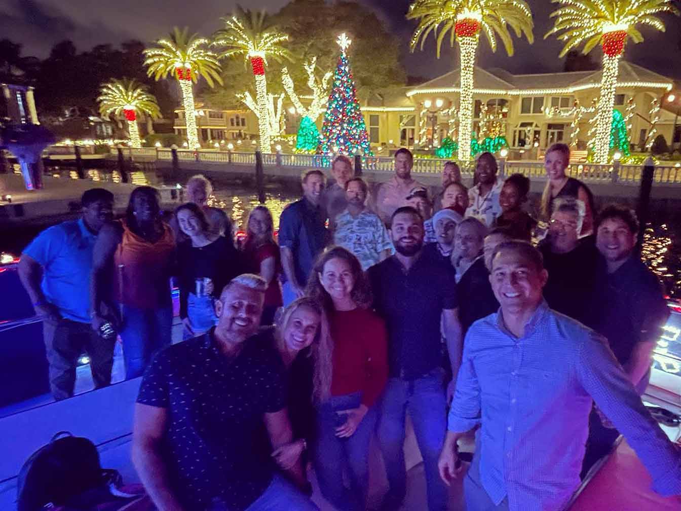 Manatee Queen catamaran with Christmas lights